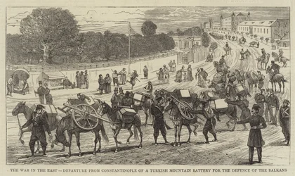 De oorlog in het oosten, vertrek uit Constantinopel van een Turkse bergbatterij voor de verdediging van de Balkan